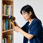An adult Japanese woman, fully clothed in comfortable, modest casual attire, effortlessly assembling a modern, light-wood flat-pack bookshelf in a bright, tidy apartment living room. She is using a compact, cordless electric screwdriver with a calm, focused expression, conveying ease and efficiency. The scene emphasizes modern DIY for single-person households. Professional photography, high resolution, soft natural lighting, sharp focus, perfect anatomy, correct proportions, natural pose, well-formed hands, proper finger count, natural body proportions. safe for work, appropriate content, fully clothed, family-friendly.