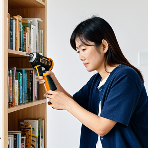 An adult Japanese woman, fully clothed in comfortable, modest casual attire, effortlessly assembling a modern, light-wood flat-pack bookshelf in a bright, tidy apartment living room. She is using a compact, cordless electric screwdriver with a calm, focused expression, conveying ease and efficiency. The scene emphasizes modern DIY for single-person households. Professional photography, high resolution, soft natural lighting, sharp focus, perfect anatomy, correct proportions, natural pose, well-formed hands, proper finger count, natural body proportions. safe for work, appropriate content, fully clothed, family-friendly.