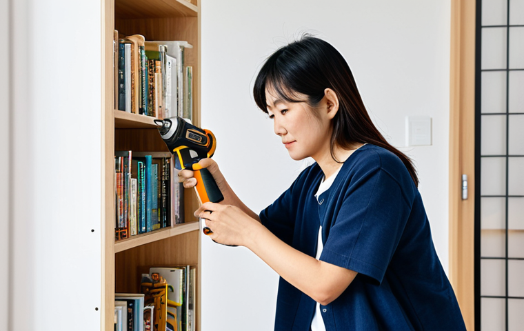 An adult Japanese woman, fully clothed in comfortable, modest casual attire, effortlessly assembling a modern, light-wood flat-pack bookshelf in a bright, tidy apartment living room. She is using a compact, cordless electric screwdriver with a calm, focused expression, conveying ease and efficiency. The scene emphasizes modern DIY for single-person households. Professional photography, high resolution, soft natural lighting, sharp focus, perfect anatomy, correct proportions, natural pose, well-formed hands, proper finger count, natural body proportions. safe for work, appropriate content, fully clothed, family-friendly.
