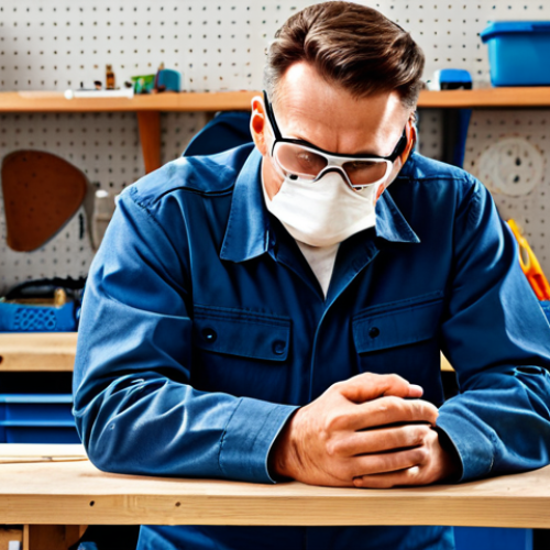 A professional male DIY enthusiast, fully clothed in a practical work shirt and durable pants, carefully putting on protective goggles and a dust mask in a meticulously organized home workshop. The workbench is clean, with tools neatly stored on a pegboard in the background. The space is brightly lit, ensuring a safe and productive environment. Safe for work, appropriate content, modest, perfect anatomy, correct proportions, natural pose, well-formed hands, proper finger count, natural body proportions, professional photography, high quality.