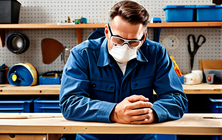 A professional male DIY enthusiast, fully clothed in a practical work shirt and durable pants, carefully putting on protective goggles and a dust mask in a meticulously organized home workshop. The workbench is clean, with tools neatly stored on a pegboard in the background. The space is brightly lit, ensuring a safe and productive environment. Safe for work, appropriate content, modest, perfect anatomy, correct proportions, natural pose, well-formed hands, proper finger count, natural body proportions, professional photography, high quality.