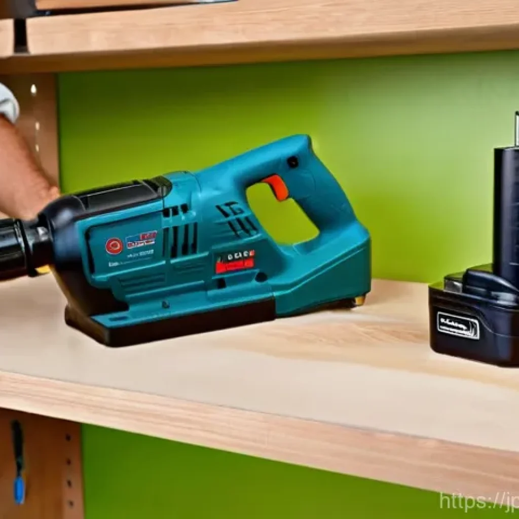 전동 드릴 배터리 수명 - **Prompt:** A clean, well-lit, and organized home workshop. A person, appearing to be in their late ...