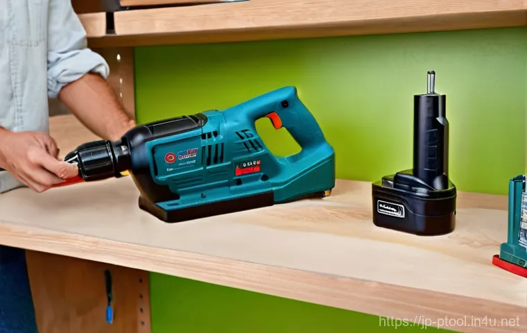 전동 드릴 배터리 수명 - **Prompt:** A clean, well-lit, and organized home workshop. A person, appearing to be in their late ...