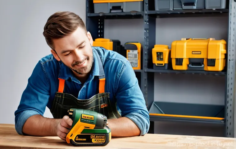 전동 드릴 배터리 수명 - **Prompt:** A cozy and tidy storage area, perhaps a dedicated section of a garage or utility room, w...