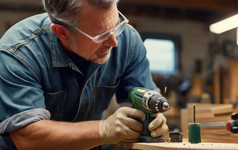 전동 공구 속도 조절 기능 - **A detailed, professional photograph capturing a skilled DIY enthusiast (30s, gender-neutral) weari...