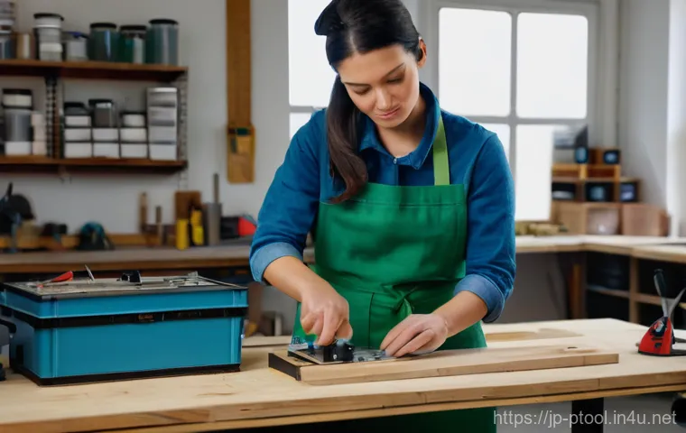 전동 공구 속도 조절 기능 - **A close-up, high-definition image focusing on a male craftsman (40s) with steady hands, carefully ...