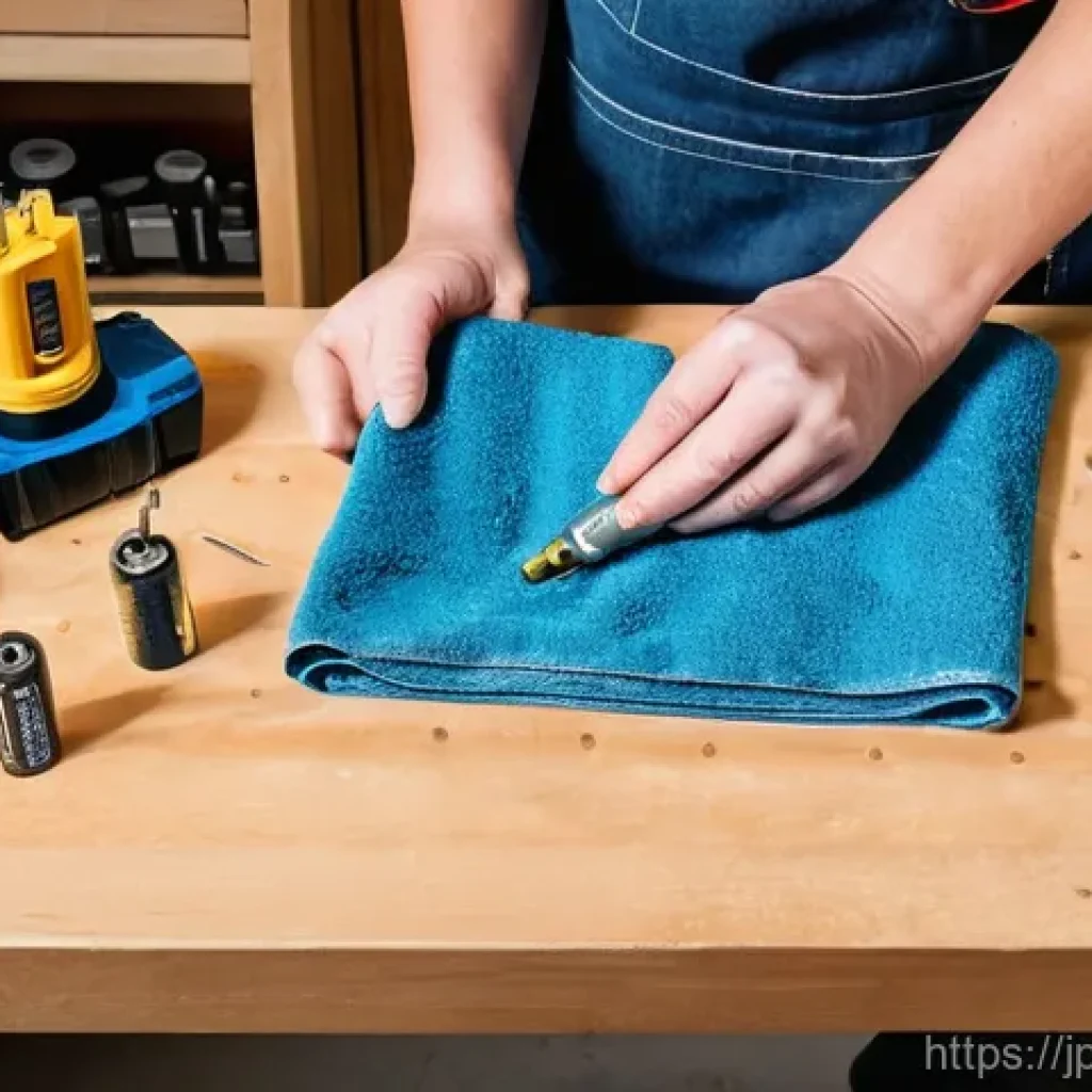 전동 공구 장기 보관 시 주의할 점 - **Prompt:** A detailed, close-up shot of a competent female DIY enthusiast, in her late 30s, meticul...