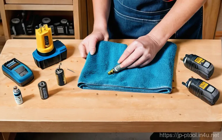 전동 공구 장기 보관 시 주의할 점 - **Prompt:** A detailed, close-up shot of a competent female DIY enthusiast, in her late 30s, meticul...