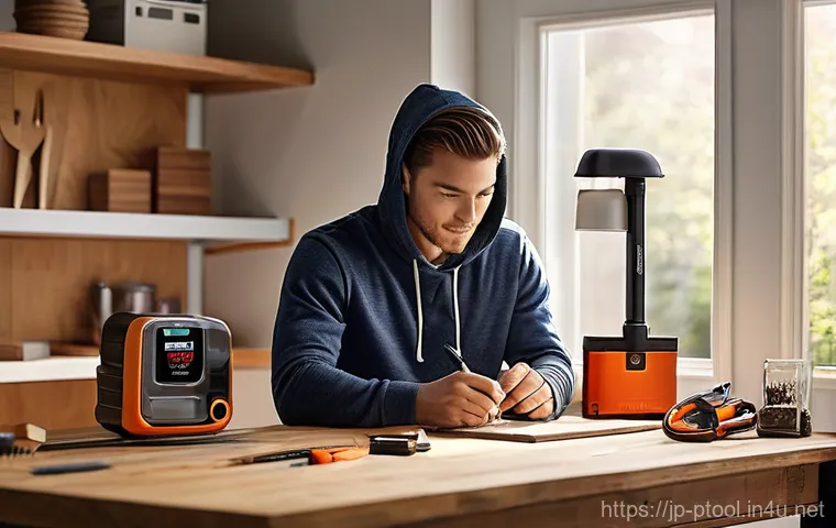 전동 공구 장기 보관 시 주의할 점 - **Prompt:** A detailed, close-up shot of a competent female DIY enthusiast, in her late 30s, meticul...