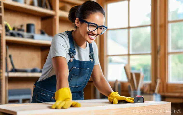 전동 공구 관련 인기 유튜버 - A cheerful and focused young adult woman, wearing safety glasses, work gloves, a comfortable t-shirt...