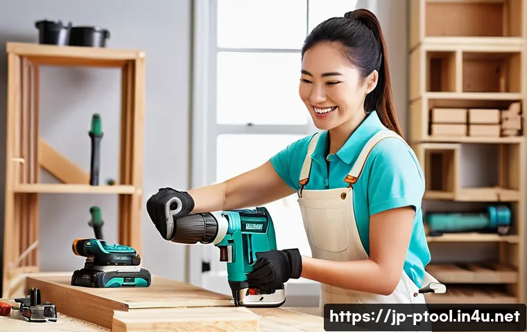 전동 공구 시장 점유율 - **Prompt:** A dynamic, brightly lit image of a cheerful Japanese woman in her late 20s or early 30s,...