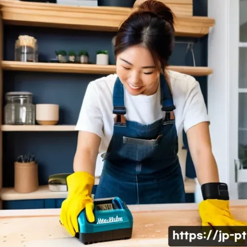 마끼다 전동 공구 사용 후기 - **Prompt:** A young, energetic Japanese woman in her late 20s, wearing comfortable but stylish casua...