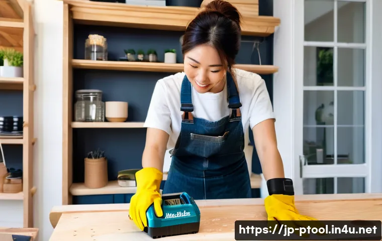 마끼다 전동 공구 사용 후기 - **Prompt:** A young, energetic Japanese woman in her late 20s, wearing comfortable but stylish casua...