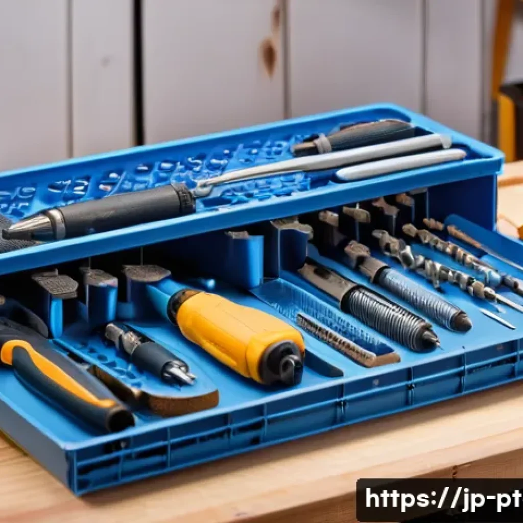 전동 공구 수리 방법 - A detailed close-up scene of a Japanese home workshop with a cordless electric drill on a wooden wor...