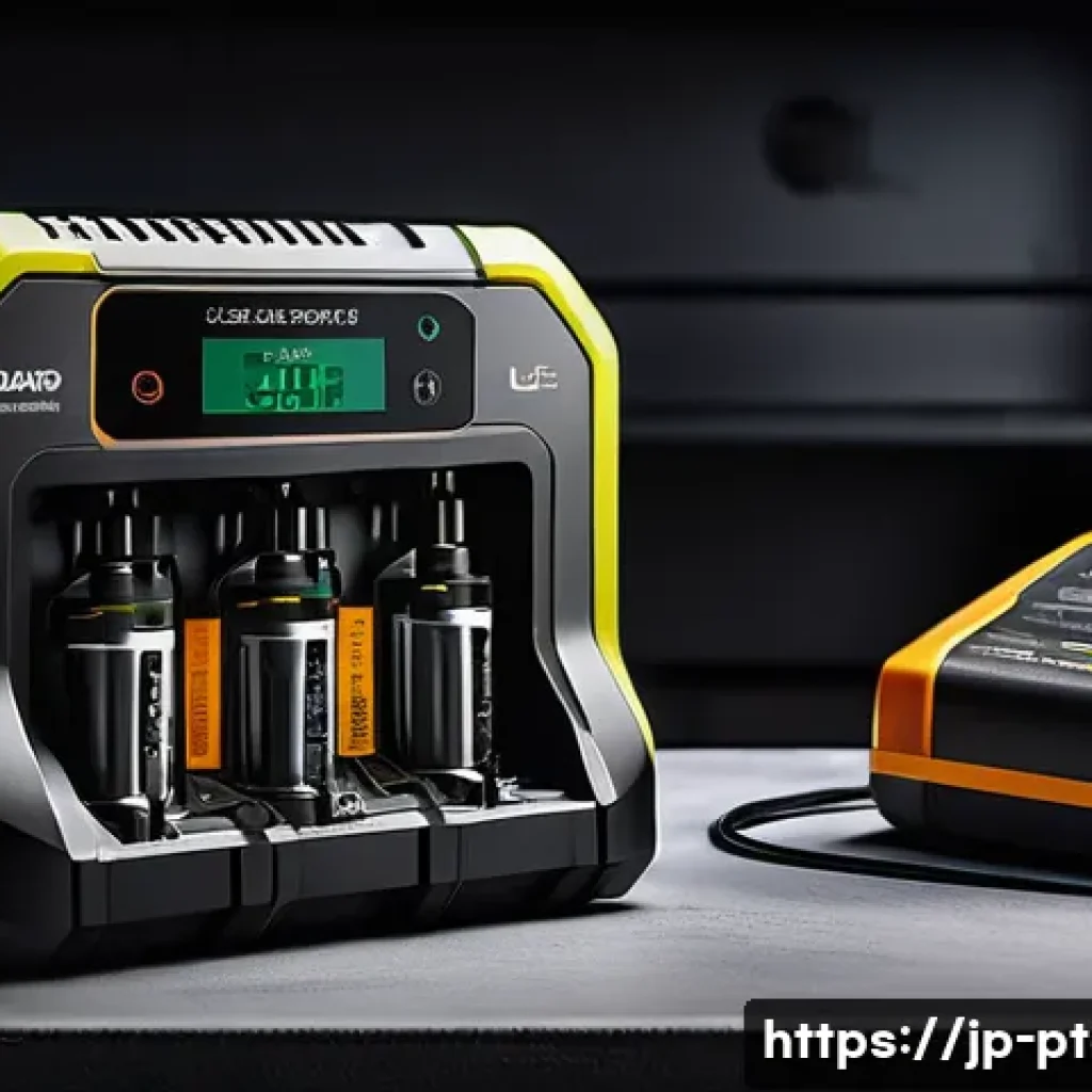 전동 공구 충전기 추천 - A close-up, high-detail image of a modern multi-battery charger designed for electric tools, featuri...