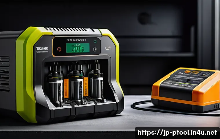 전동 공구 충전기 추천 - A close-up, high-detail image of a modern multi-battery charger designed for electric tools, featuri...