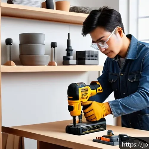 전동 공구 온라인 구매 가이드 - A cozy Japanese home workshop scene featuring a beginner DIY enthusiast using a lightweight cordless...