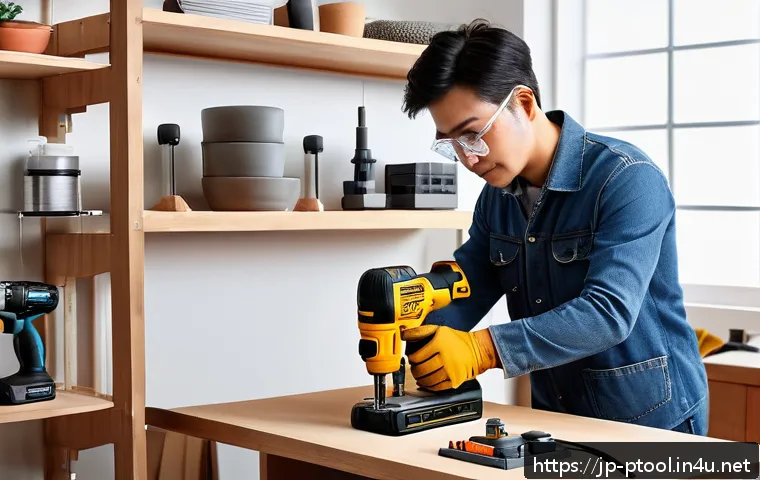 전동 공구 온라인 구매 가이드 - A cozy Japanese home workshop scene featuring a beginner DIY enthusiast using a lightweight cordless...