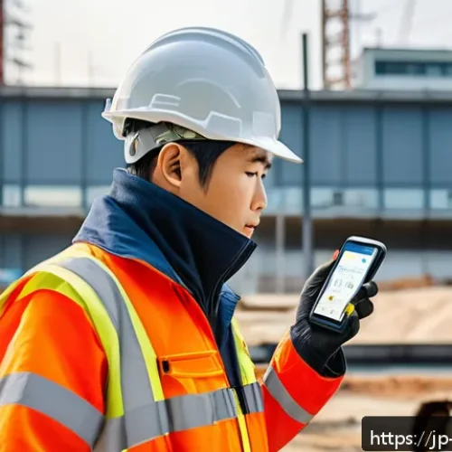 전동 공구 관련 앱 추천 - A modern Japanese construction site scene featuring workers using electric power tools connected to ...
