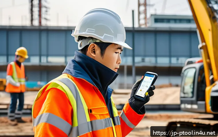 전동 공구 관련 앱 추천 - A modern Japanese construction site scene featuring workers using electric power tools connected to ...