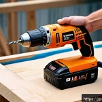 전동 공구 인기 제품 분석 - A sleek, modern cordless power drill in use at an outdoor Japanese construction site, featuring a la...