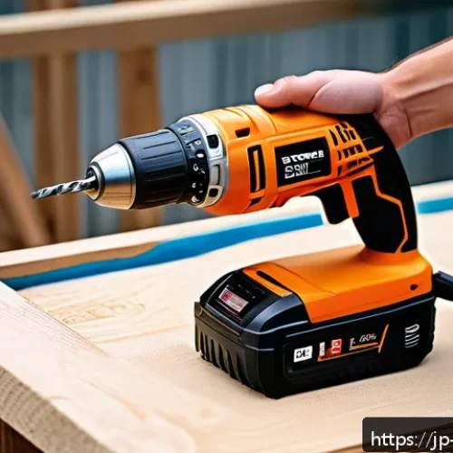 전동 공구 인기 제품 분석 - A sleek, modern cordless power drill in use at an outdoor Japanese construction site, featuring a la...