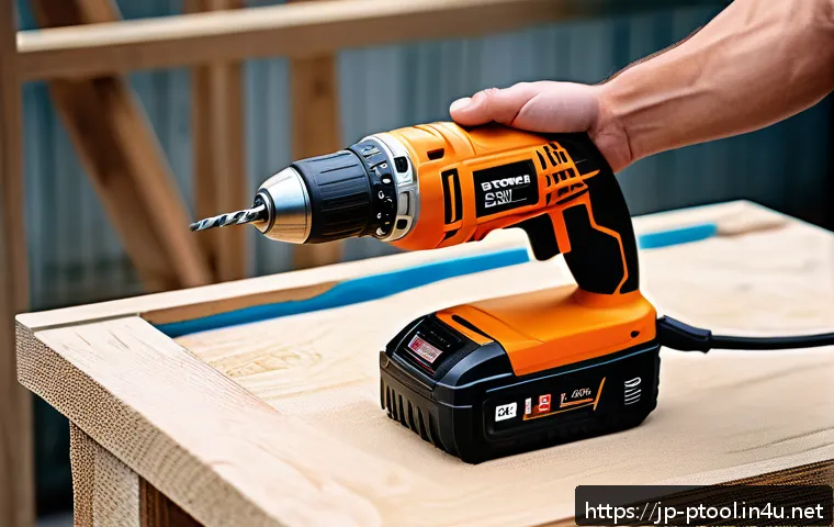 전동 공구 인기 제품 분석 - A sleek, modern cordless power drill in use at an outdoor Japanese construction site, featuring a la...