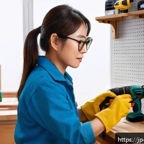 전동 공구 관련 온라인 강의 추천 - A beginner Japanese woman in casual work clothes wearing safety gloves and protective glasses, caref...