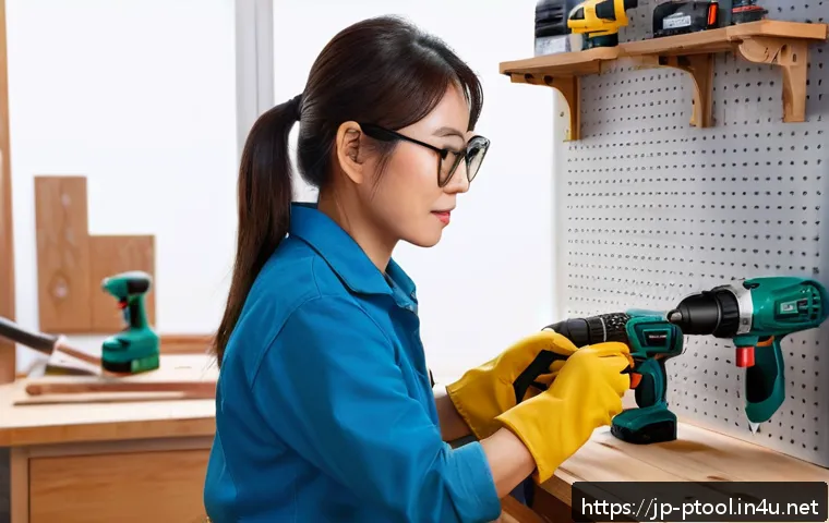 전동 공구 관련 온라인 강의 추천 - A beginner Japanese woman in casual work clothes wearing safety gloves and protective glasses, caref...