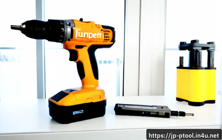 전동 공구 특허 및 기술 동향 - Photorealistic innovation laboratory scene, a cordless electric drill and compact impact driver disp...