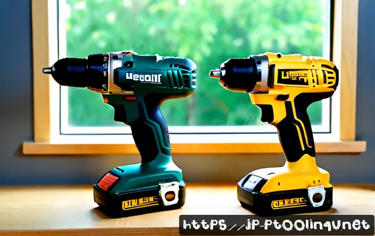 전동 공구 브랜드 비교  보쉬 vs 디월트 vs 마끼다 - Photorealistic product comparison scene of three unbranded cordless drill-driver kits arranged side ...