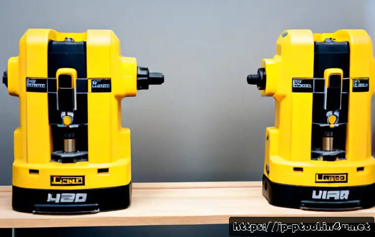 전동 공구 내구성 비교 실험 - Photorealistic workshop durability comparison, two unbranded cordless drills mounted side by side on...