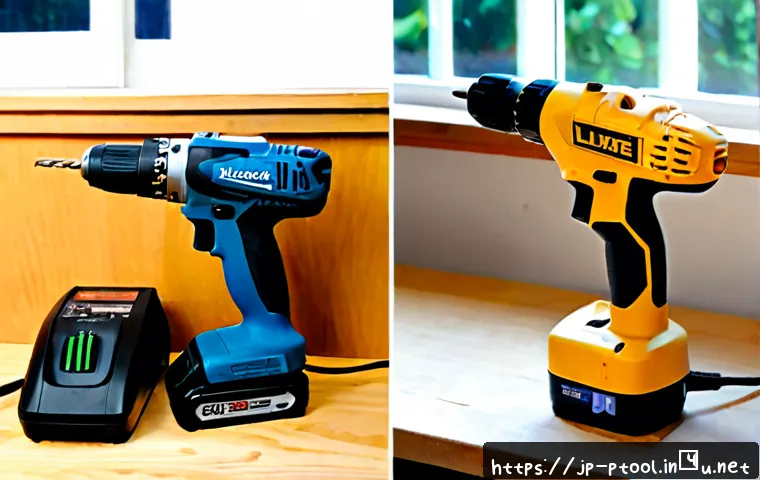 전동 공구 무선 vs 유선 차이 - Photorealistic side-by-side workshop comparison: a cordless drill with a removable battery on the le...